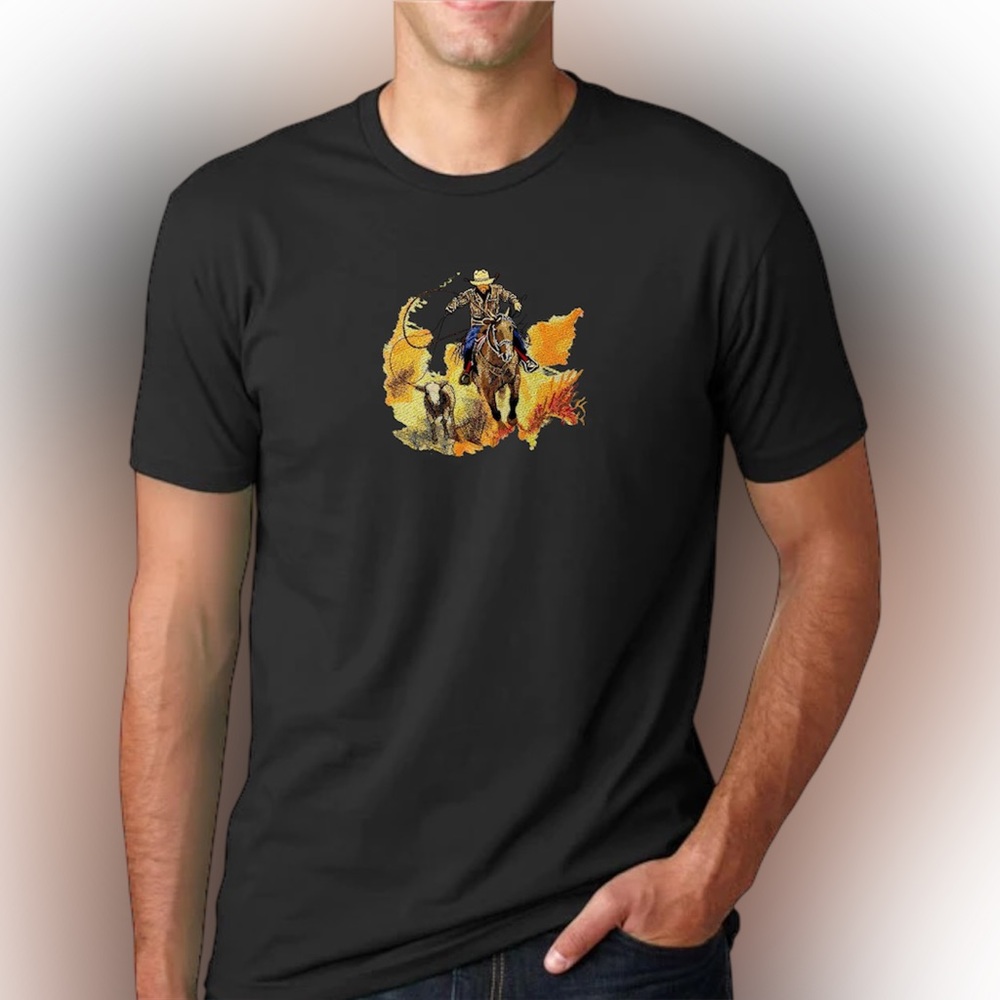 Western Rodeo Embroidered Cowboy T-Shirt | Rustic Horse Rider Graphic Tee